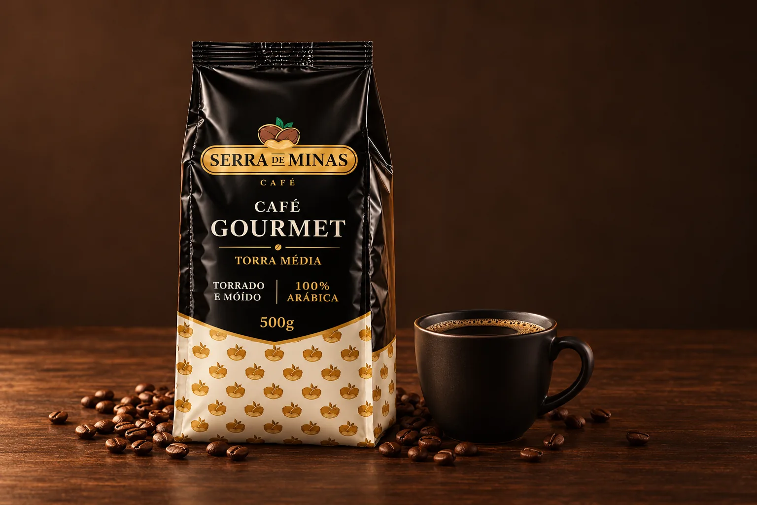 Serra de Minas Gourmet 500 g e café em xícara preta sobre madeira
